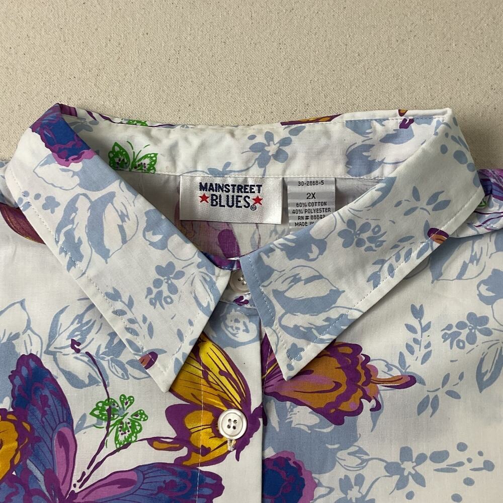 MainStreet Blue Womens Plus Size 2X Collared Button Up Butterfly Dress Shirt - Picture 5 of 9